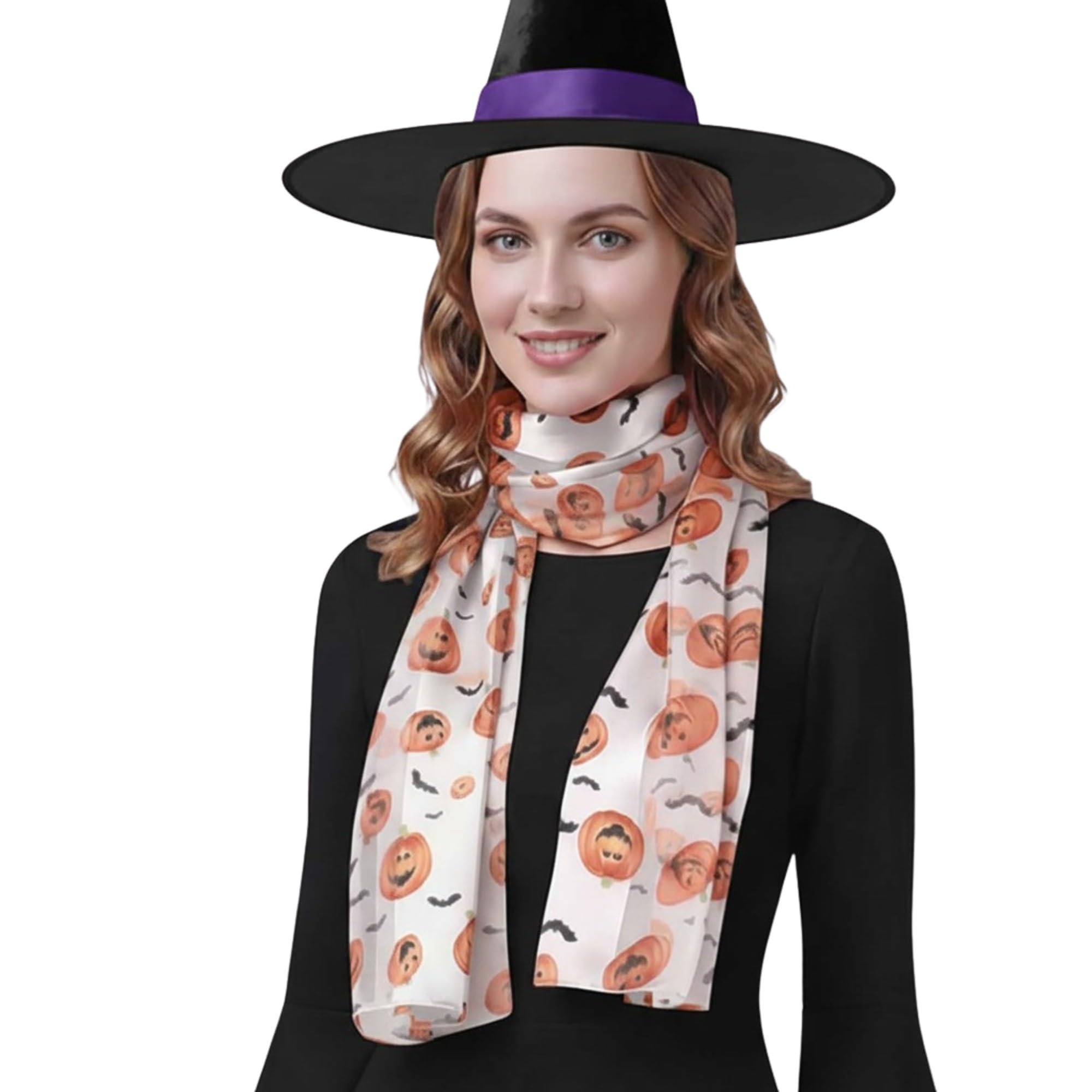 Basic Sense Women's 31 - White Satin Halloween Scarf With Jack O'lantern Bat Pumpkin Motif,