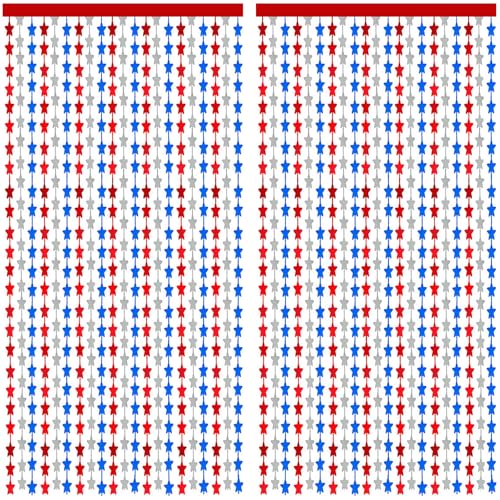 Red White and Blue Star Curtains,2 Pack 3.3 X 6.6 Ft Tinsel Curtain Backdrop,4th of July Decorations,Patriotic Foil Fringe Backdrop for Independence Day,Memorial Day Party,Photo Booth,Door Streamers