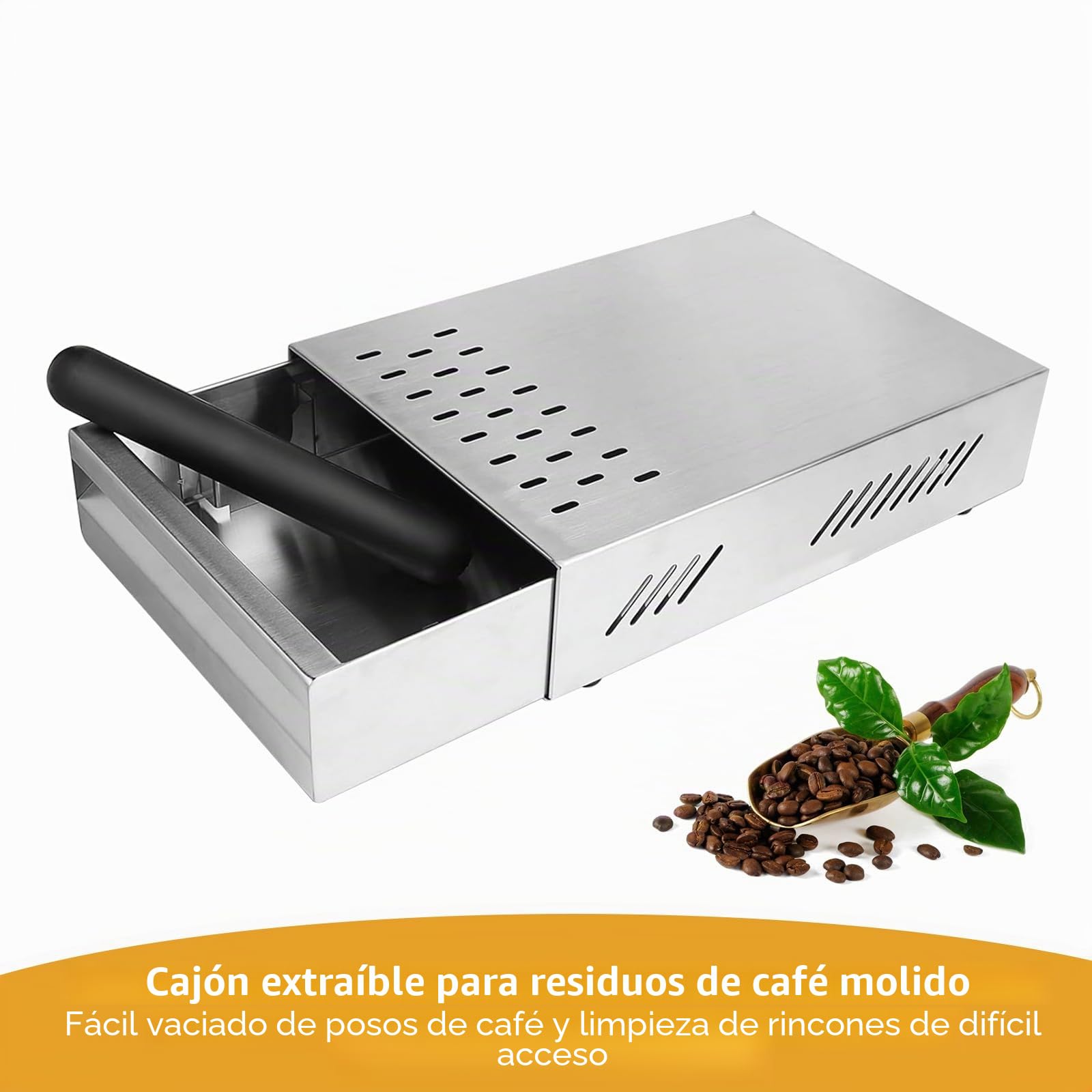 Caja Contenedor de Café,Kamanan Profesional para Posos de Café,Caja de Acero Inoxidable para Molinillo de Café Adecuado Para Todas Las Máquinas de Café Estándar (280mmx180mmx63mm)