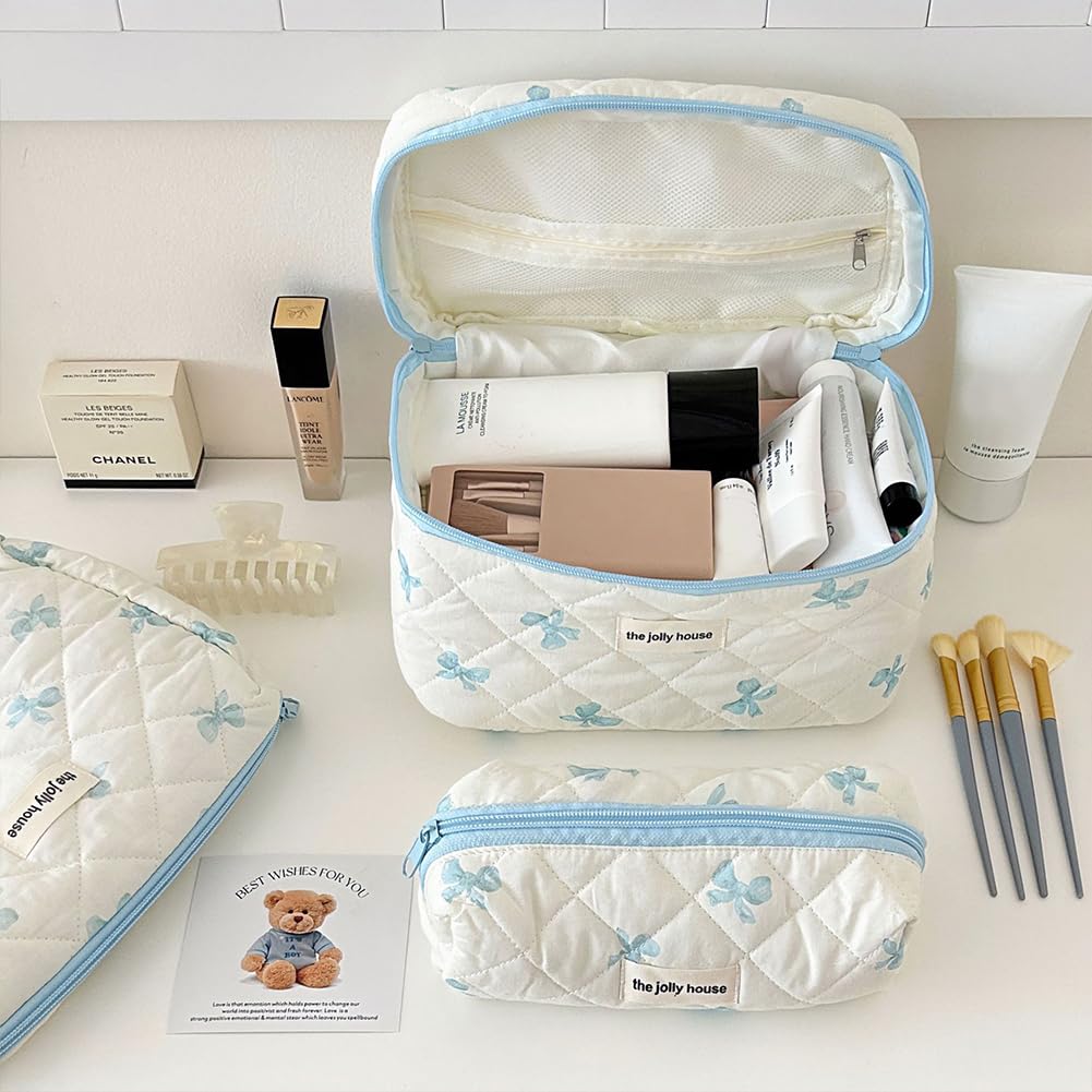 Borsa per Il Trucco, Borsa per Il Trucco da Donna con Cerniera, Organizer per Cosmetici, Borsetta in Tessuto con Grazioso Fiocco e Fiore, Astuccio da Toilette Portatile per Ragazze