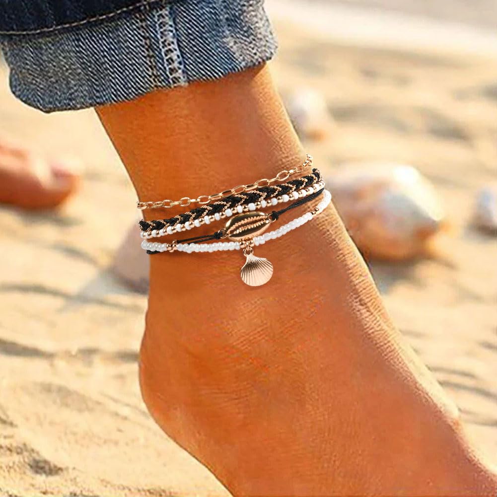 Aucuu Fußkettchen für Damen, Fußkette Damen, Verstellbare Fußkettchen, Mehrschichtige Fußkettchen, Fußschmuck für Frauen und Mädchen für Sommer Strand