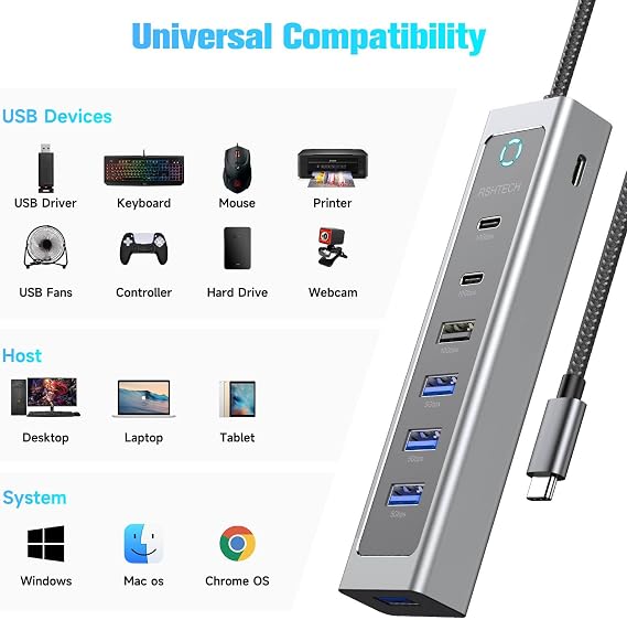 RSHTECH 7-Port USB C Hub 10Gbps with 3 USB-3.2 (2C + 1A), 4 USB-3.0 Ports