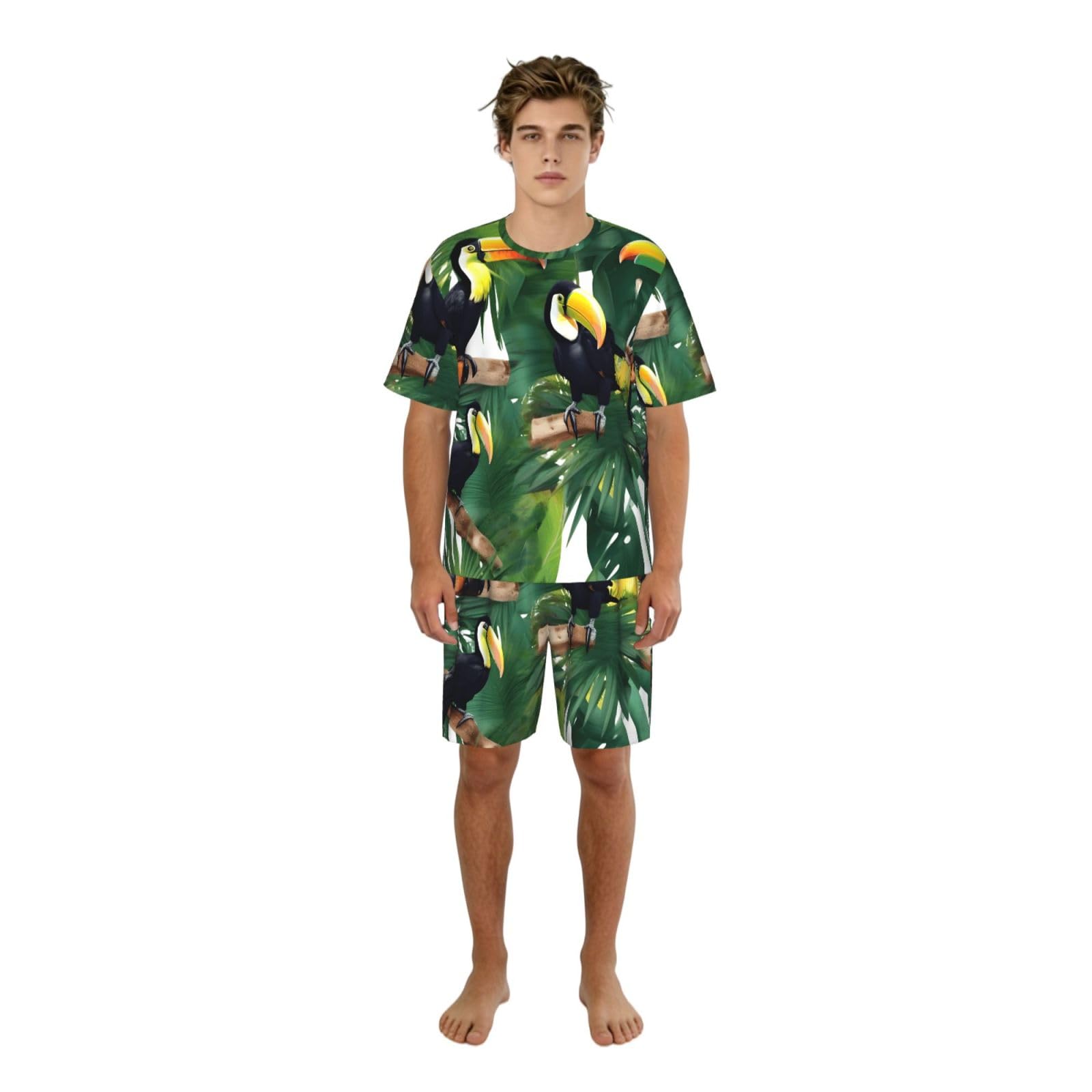 Conjunto de pijama clásico para hombre con estampado de hojas de loro, palmera, tucanes, pantalones cortos de pijama suaves para hombre, perfecto para las noches de verano