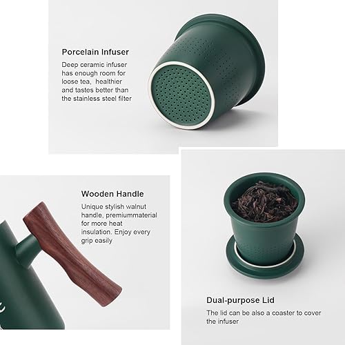 Miniatura 6 de Breleidy Taza de té de cerámica con infusor y tapa, taza de café con mango de madera con colador para remojar hojas sueltas, regalo ideal para los