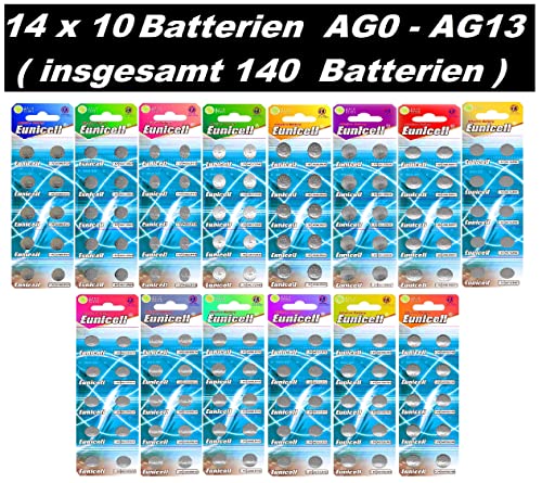 Eunicell Knopfzellen Set AG0–AG13 (140 Stück) | 14 Blister à 10 Batterien | LR & SR Ersatz für Uhren, Spielzeug, Fernbedienungen, Taschenrechner, Autoschlüssel
