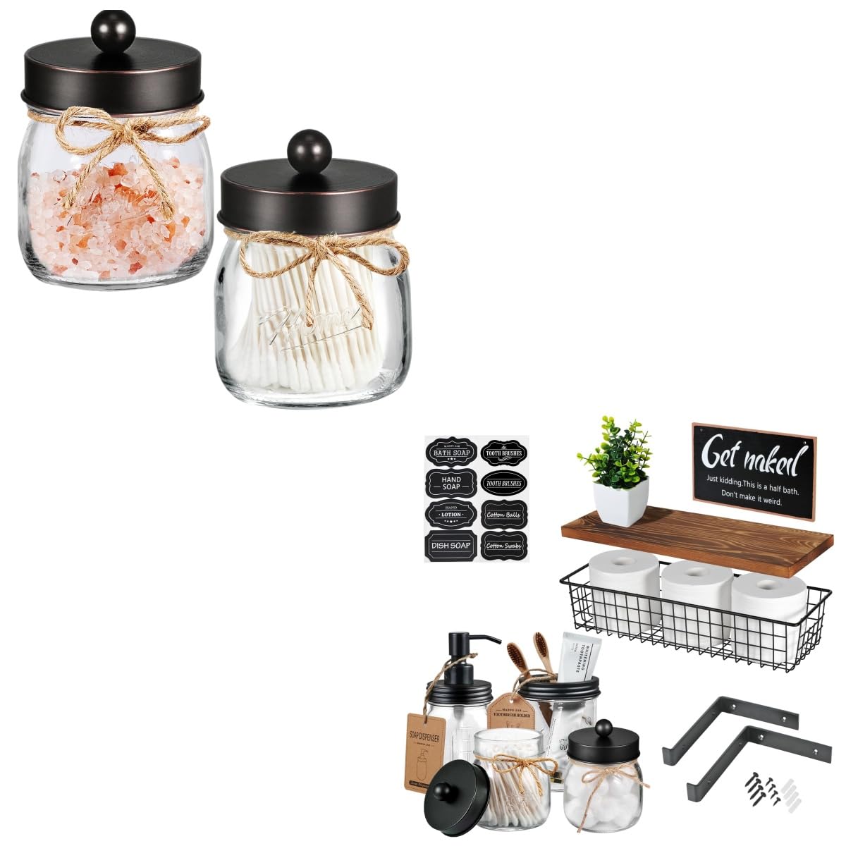 SheeChung 2 Pack Mason Jar Qtip Holders 8Pcs Bathroom Accessories Set Mason Jars Floating Shelves Set Cute Farmhouse