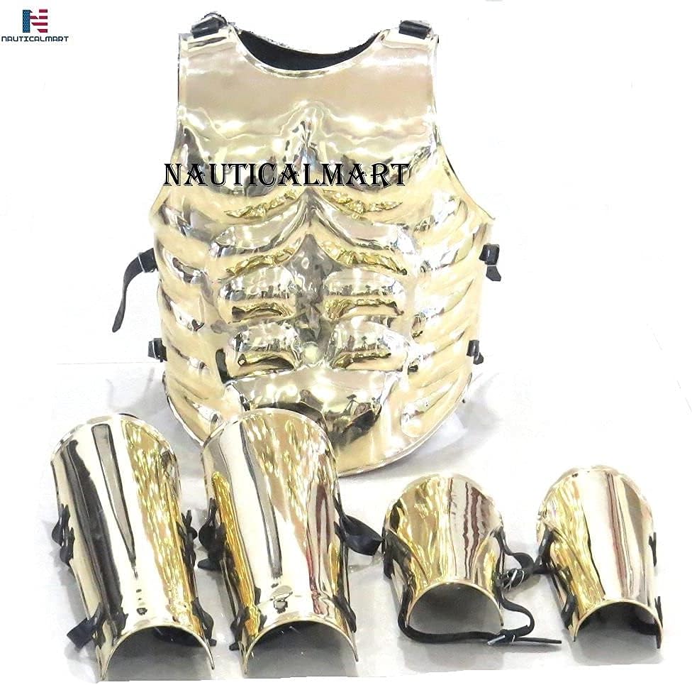 NauticalMart Solid Brass Antique Greek Muscle Armor W/ Arm & Leg Guard Halloween Costume