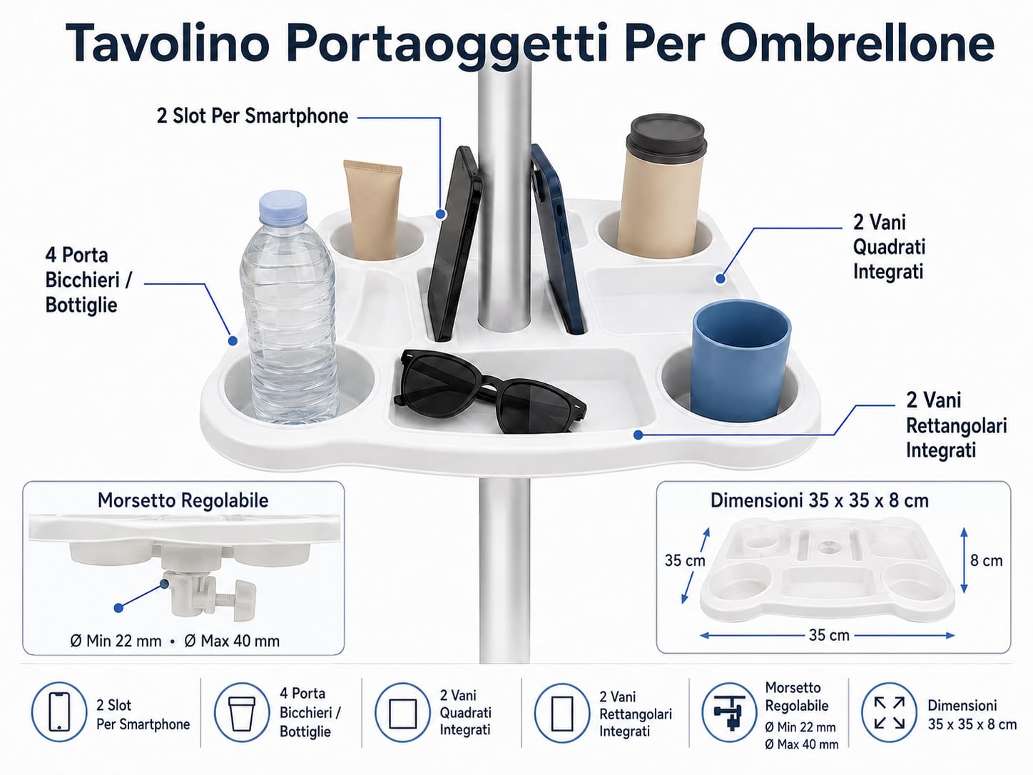 Tavolino Per Ombrellone Da Spiaggia Qualità Top 8 Scomparti E 2 Slot Per Smartphone 35x35 cm Portaoggetti Porta Bicchieri Bottiglie Con Morsetto Regolabile Ø22-40 mm Per Spiaggia Giardino Piscina