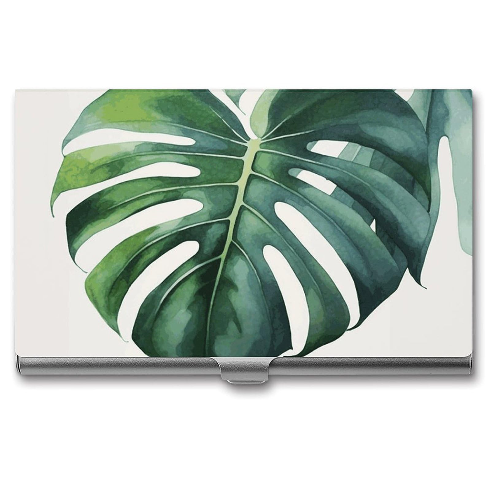 DWVTSLH Watercolor Monstera Leaf Business Card Holder, Slim Portable Metal Business Card Case Pocket Wallet Professional Name Cards Holder for 22-30 Cards, Credit Card ID Case/Holder for Men Women