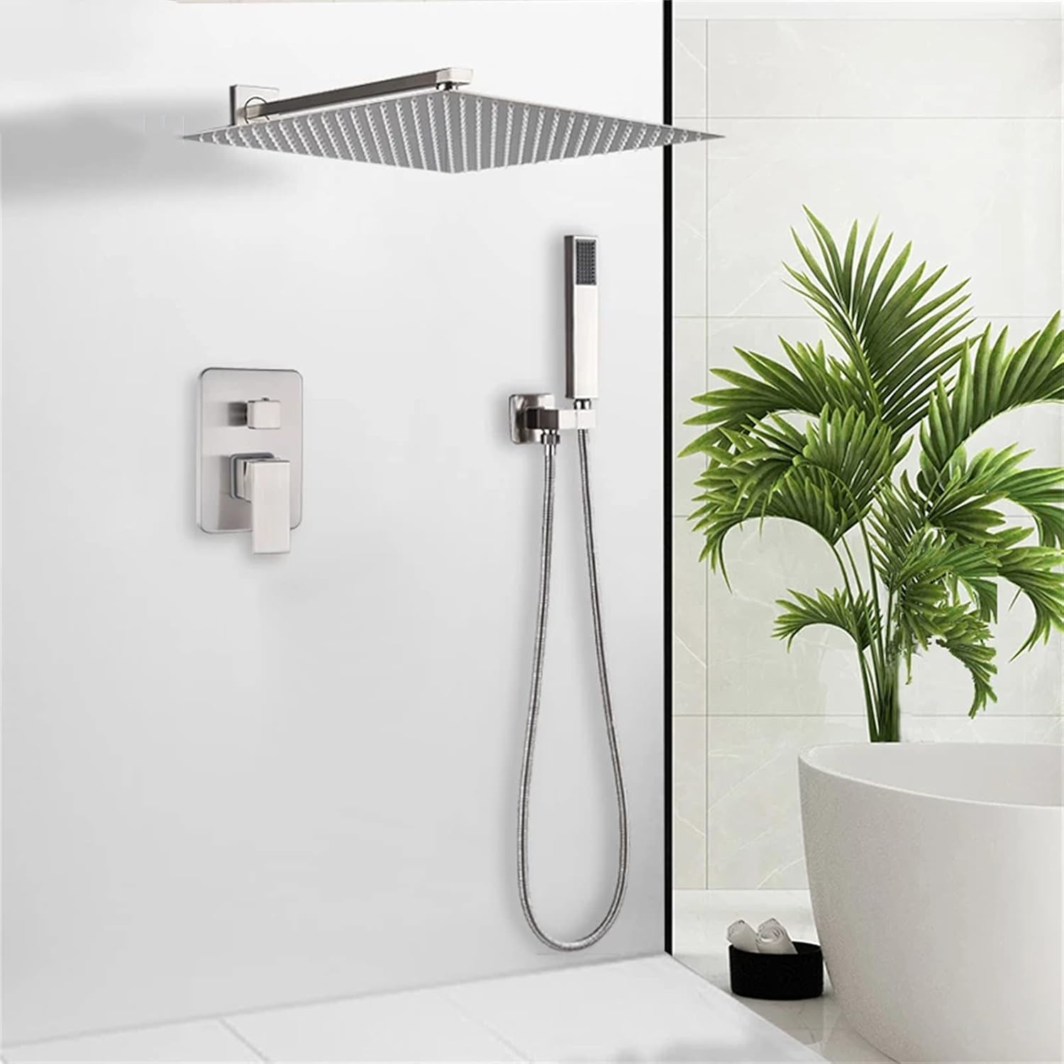 Shower System with 8-12 Inch Square Shower Head and Handheld Bathroom Rainfall Wall Mounted Shower Faucet Set Contain Shower Faucet Mixer Valve and Trim Kit,2 Ways 16inch (Size : 2 Ways 16inch)