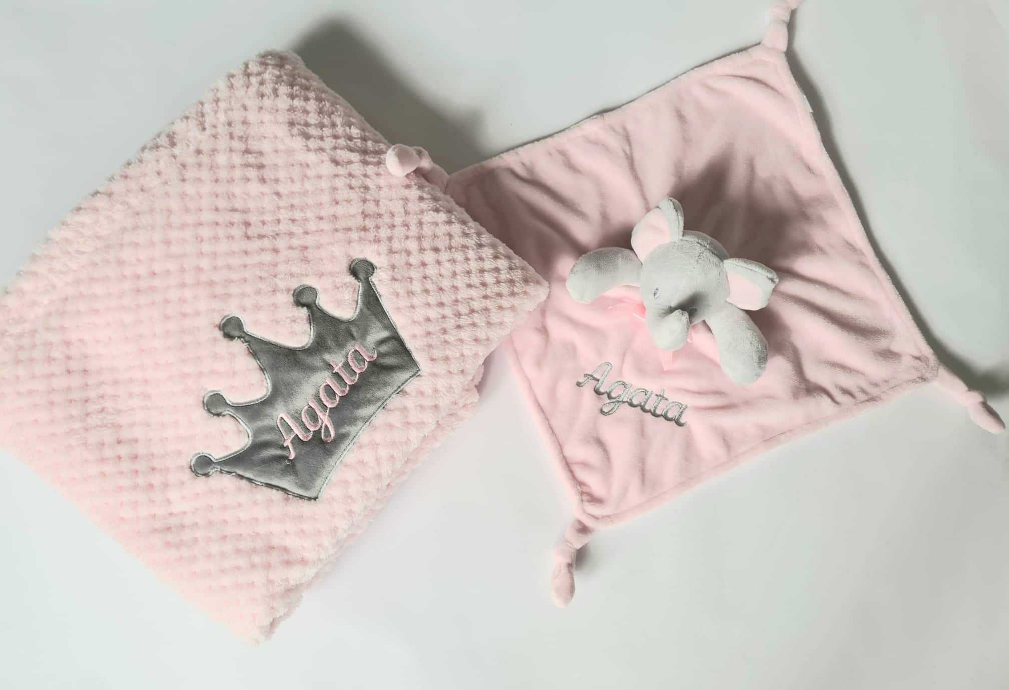 CrisArt Set nascita bimba copertina e doudou elefante con nome ricamato in argento, idea regalo battesimo tema reale, rosa (argento.f)