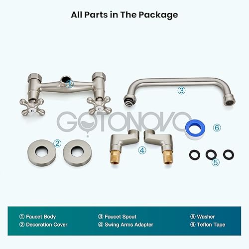 Miniatura 9 de gotonovo Grifo de cocina de montaje en pared, níquel cepillado, doble mango cruzado, comercial, de 3 a 9 pulgadas, ajustable, con alcance de