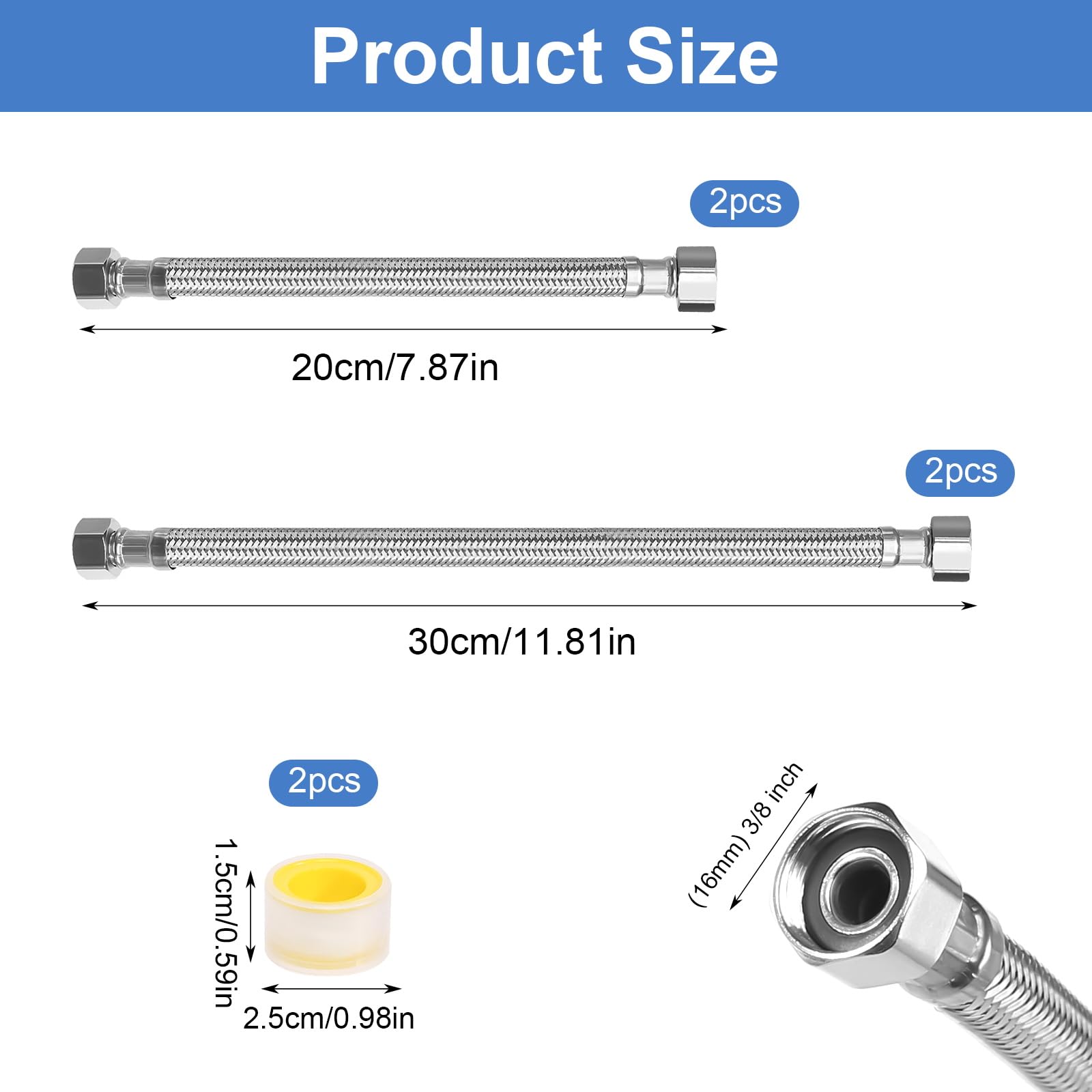 Tubo flessibile 3/8, 4 pezzi, tubo corazzato da 3/8 pollici, filettatura interna dell'acqua, prolunga 30 cm, 20 cm, tubo flessibile in acciaio inox, per rubinetto, bagno e WC