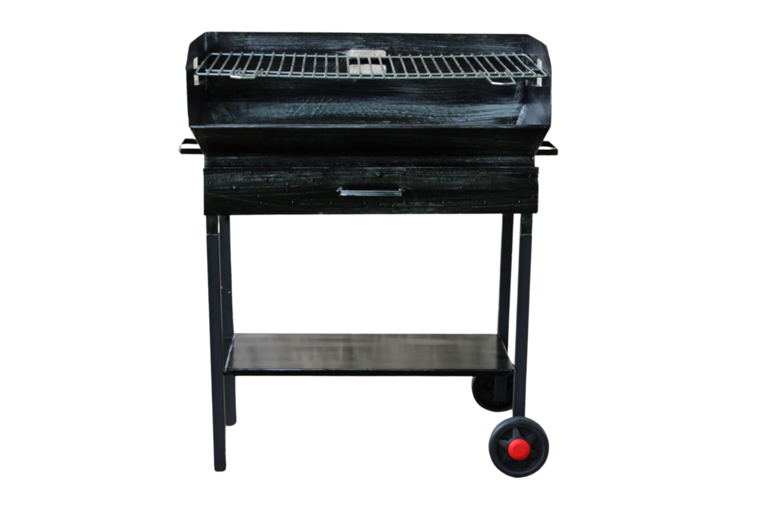 Barbecue a Legna e Carbonella in Ferro, con Ruote, Regolabile su 2 Altezze, Griglia in Acciaio, Ripiano poggia utensili (60x38 cm)