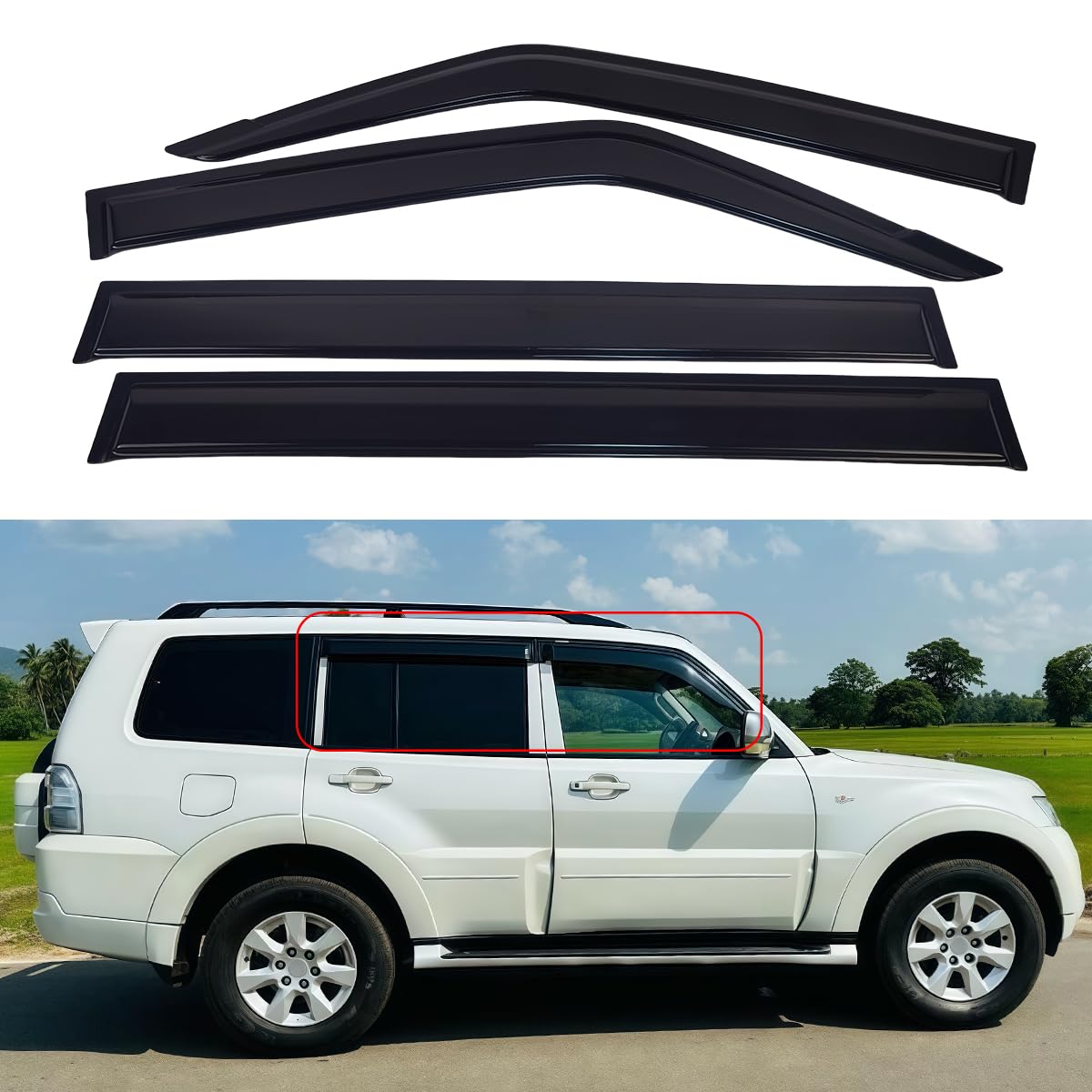 Window Visors for 2006-2021 Mitsubishi Montero，Rain Guards Sun Shields Window Deflector，Tape-On Style，4PCS