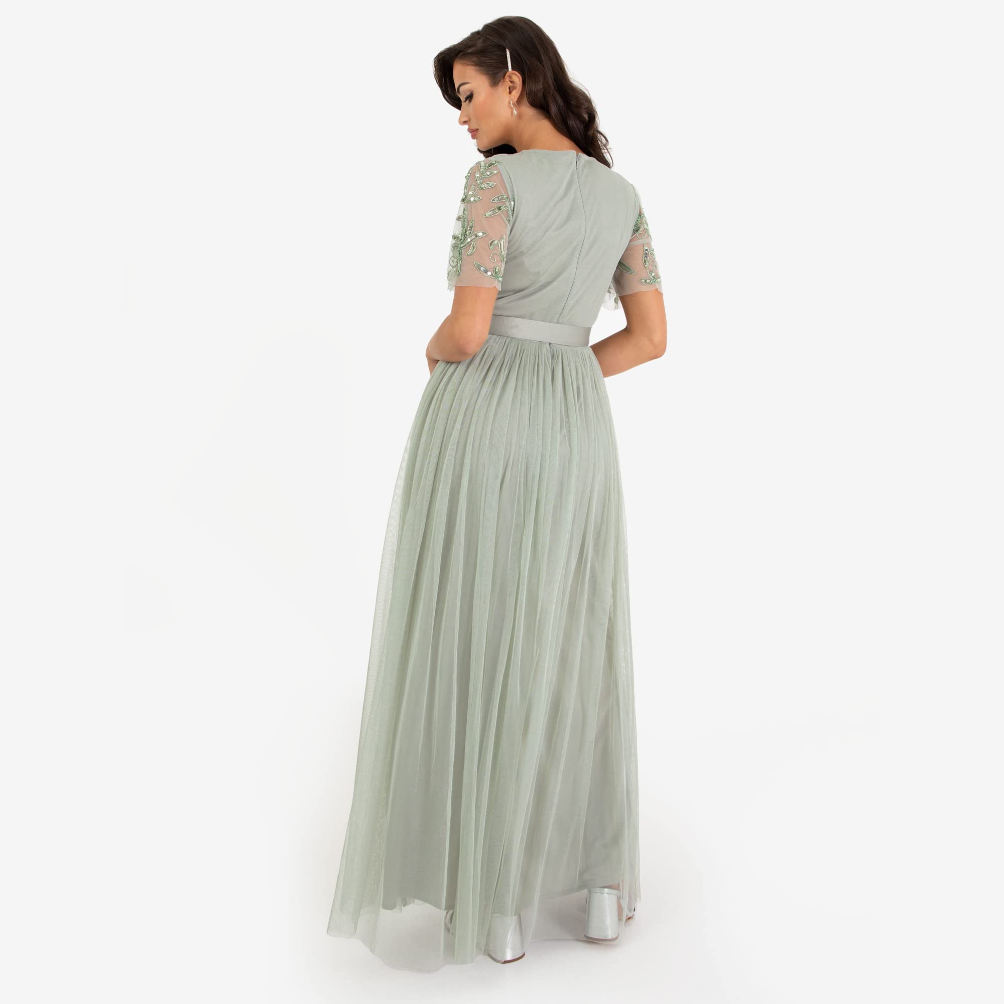 Maya Deluxe Damen Womens Maxi Dress Ladies Ball Gown for Wedding Guest Embellished Tie Waist V Neck Bridesmaid Prom Evening Occasion Kleid
