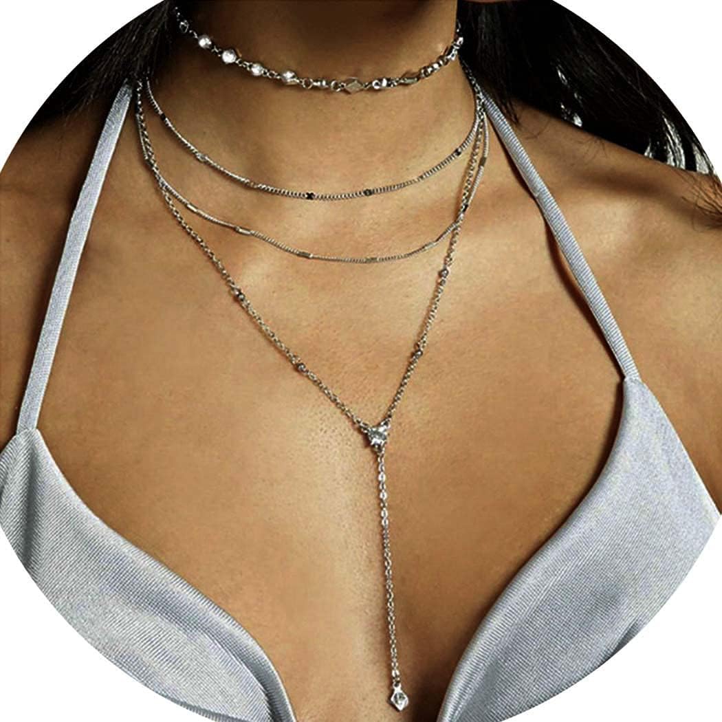 Vista 6 de Zehope Collares de Lariat en capas de plata con diamantes de imitación, gargantilla larga de cristal para mujeres y niñas, Zinc, Diamantes