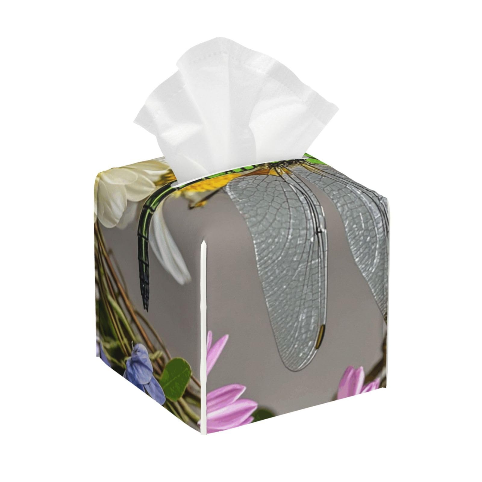 Pu Leather Cube Tissue Box Holders Modern Waterproof Square Tissue Box Cover Image of Dragonfly in Wreath Facial Paper Holder for Bathroom Kitchen Nightstand Office Home Decor