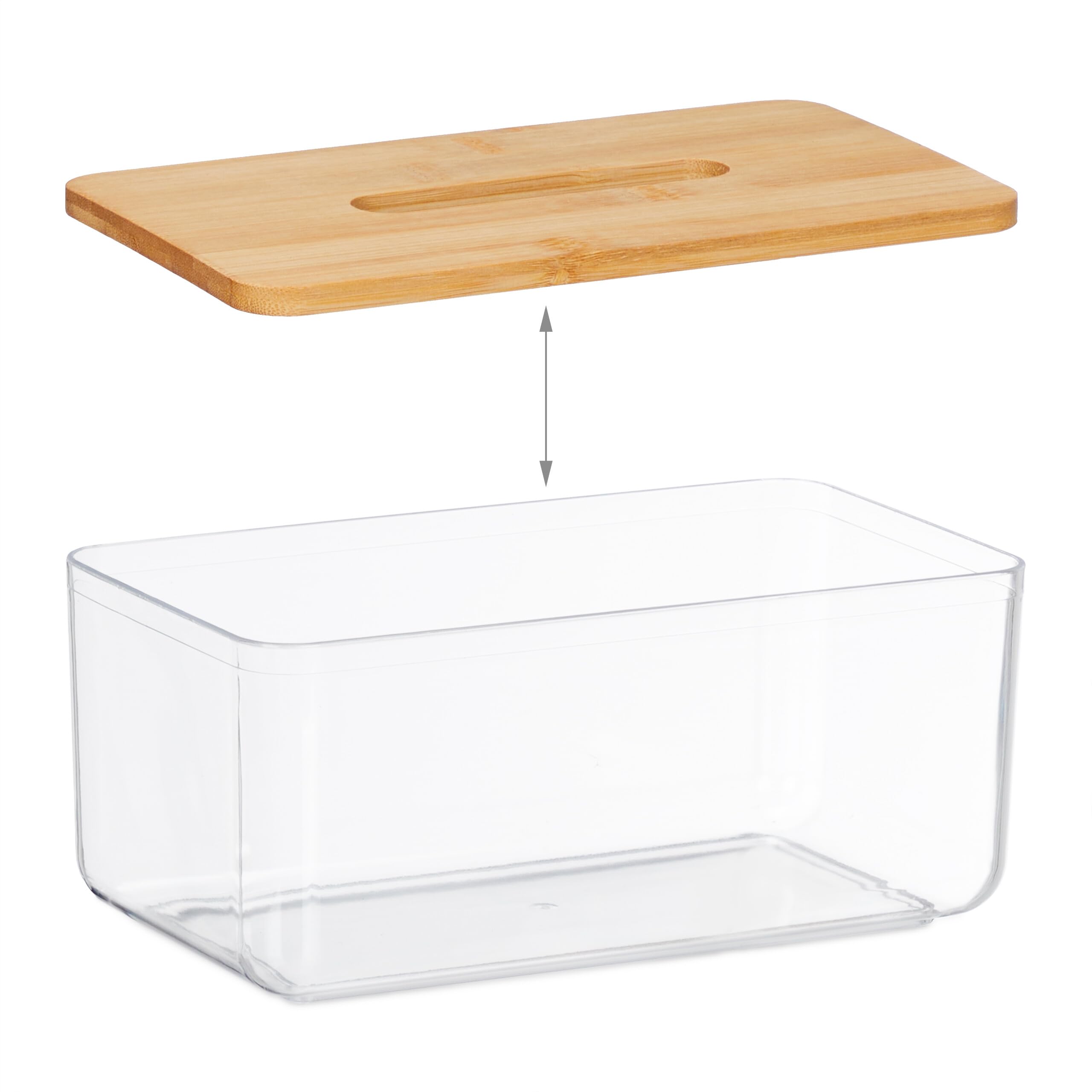 Relaxdays Contenitore per Fazzoletti, Coperchio in bambù, Dispenser Portafazzoletti, 10x23,5x13 cm, Trasparente Naturale