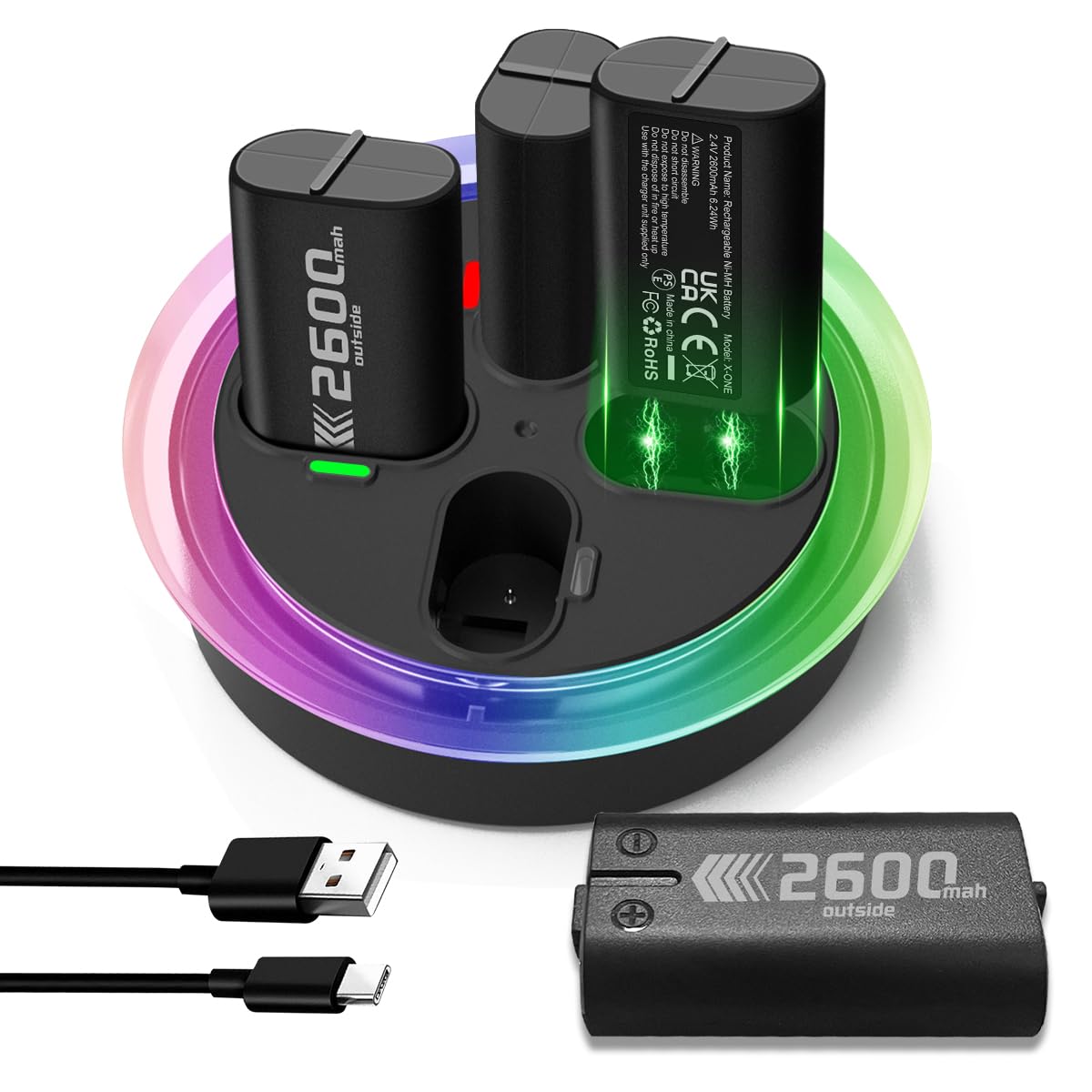 Charger for Xbox One Controller Battery Pack with 4x6200mWh USB Rechargeable Xbox One Battery Charger Station for Xbox Series X|S, Xbox One S/One X/Elite Controllers-Xbox One Accessories （2600mAh）