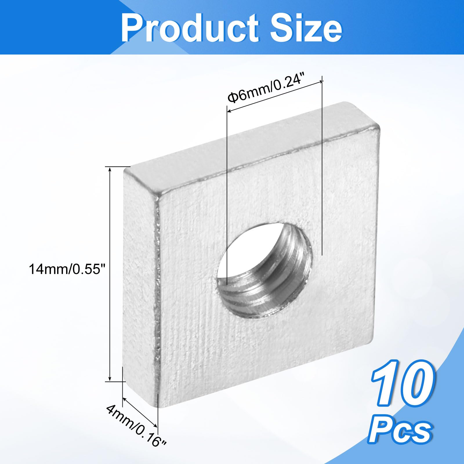 sourcing map 10 dadi quadrati M6 x 14 mm x 4 mm, in acciaio al carbonio zincato, filettatura grossa, dadi di fissaggio per riparazioni domestiche e ingegneria professionale, argento