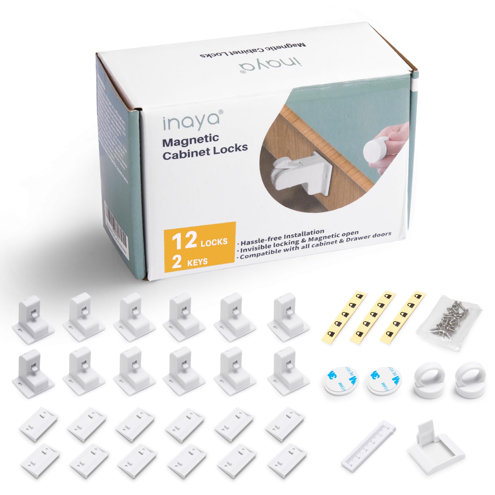 Inaya Magnetic Cabinet Locks Baby Proofing, 12 Locks & 2 Keys, Child Proof Magnet Locks for Cabinet Drawers with Invisible Design, 3M Adhesive for