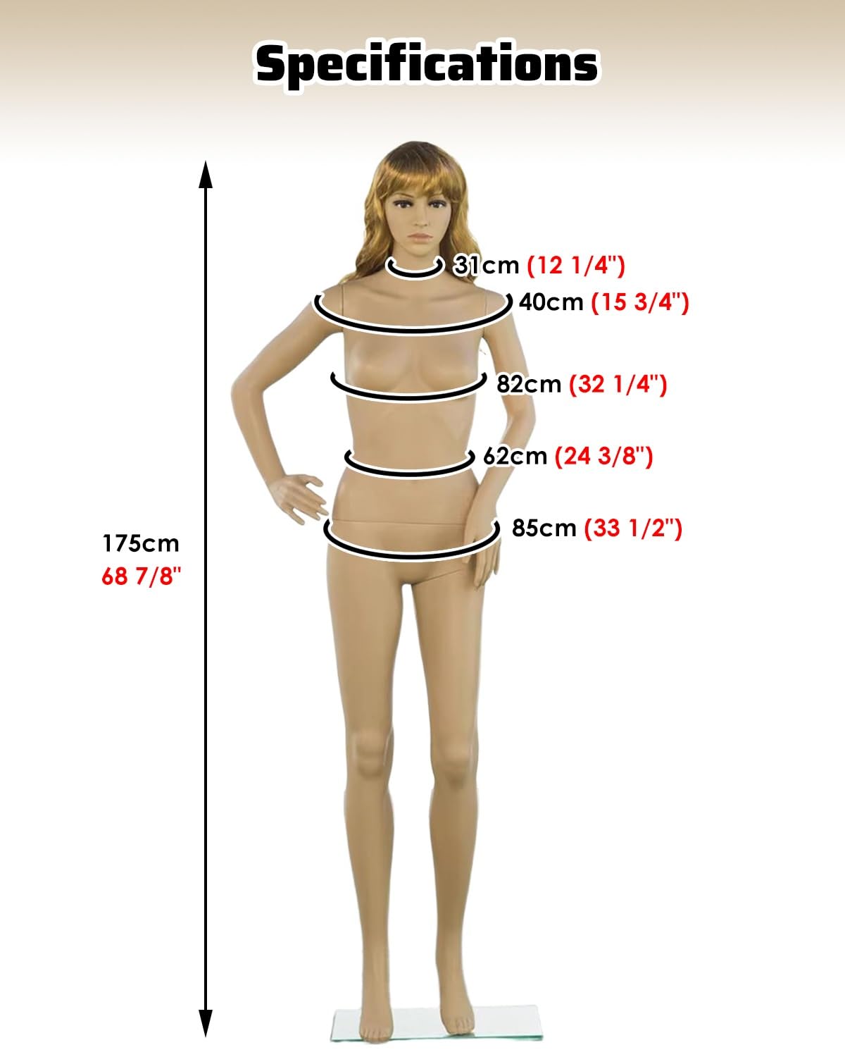 Manekin, damski manekin o wysokości 175 cm z obrotowymi ramionami, plastikowy biust z włosami do wyświetlania odzieży, kolekcji, sukni ceremonialnej, manekin mody (G)