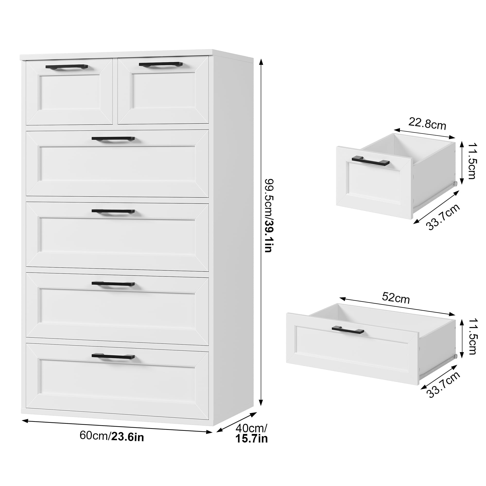 HOCSOK Cassettiera Bianca, Mobiletto con 6 Cassetti, Comò in Legno, Cassettiera Alta per Camera da Letto, Soggiorno, Corridoio, Moderna, 40 x 60 x 99,5 cm