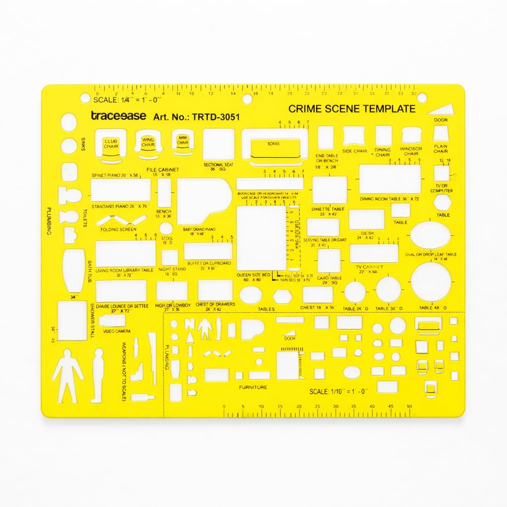 Traceease Acrylic Crime Scene Drawing Template – Dual Scales 1/4" & 1/10" Professional Sketching Stencil with Human Figures, Furniture, Fixture and Scene Symbols, Three-Ring Binder Holes, 2 mm Thick