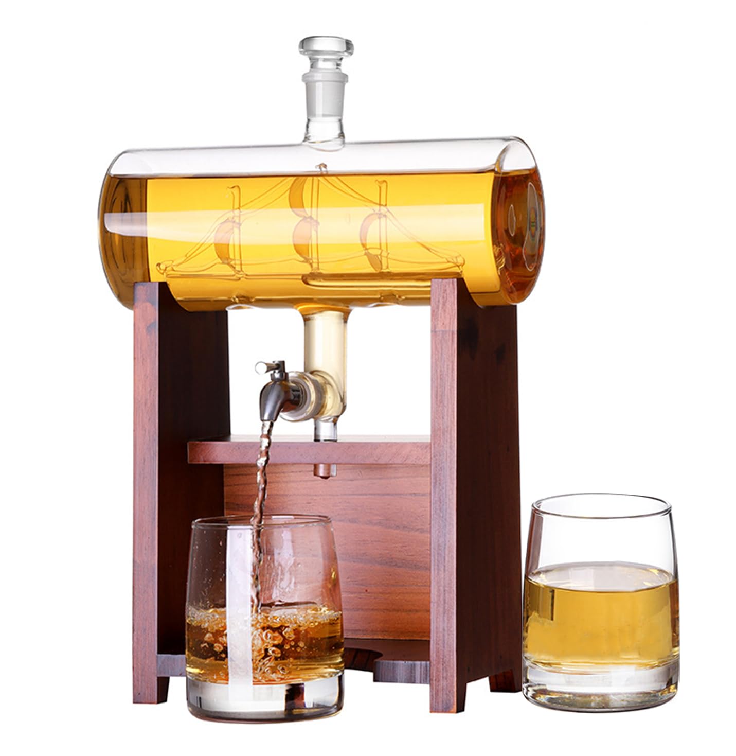 LENND 1000ml Whiskey Decanter Set with 2 Whiskey Glasses, Modern Clear Cylindrical Decanter with Wooden Base