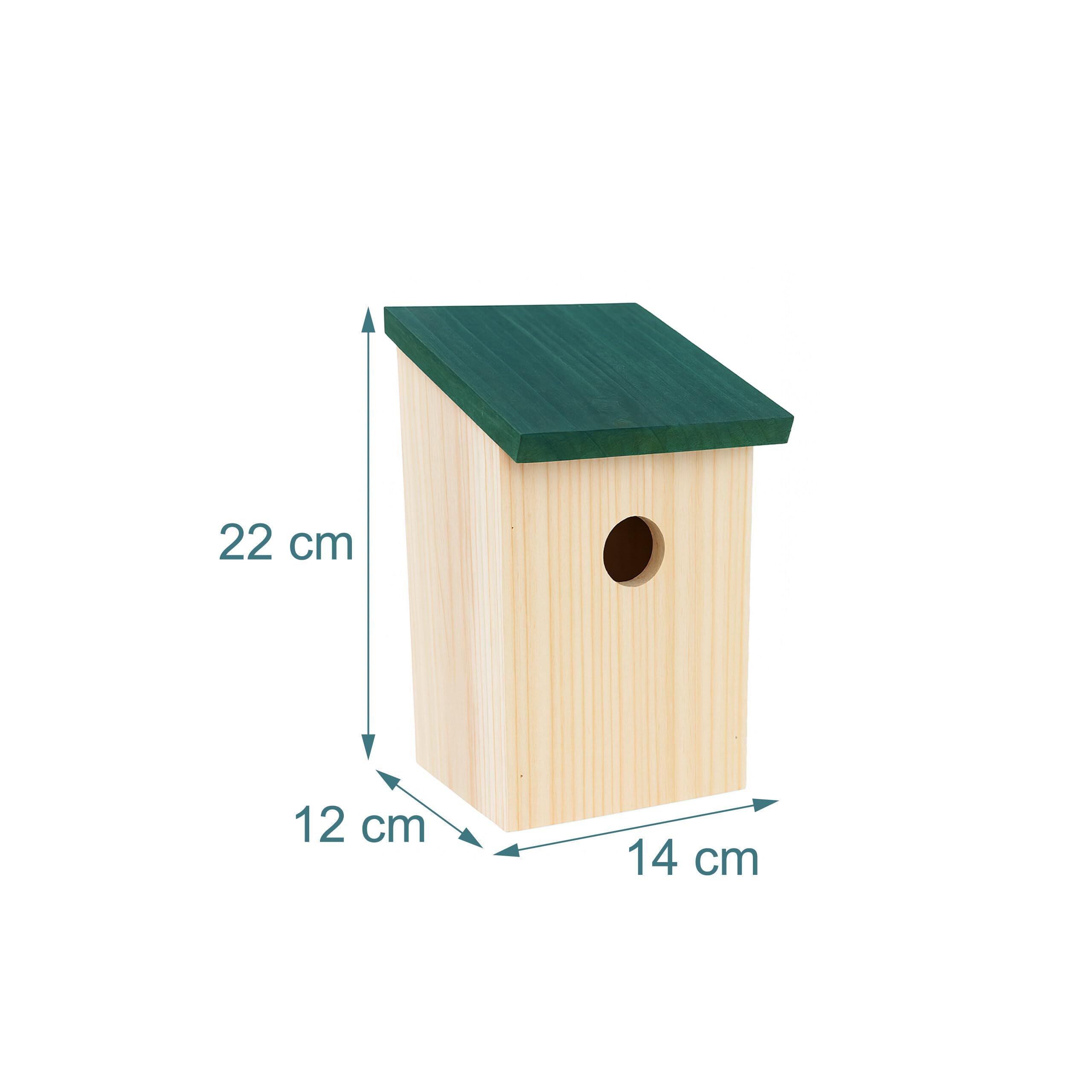 Relaxdays Caja Nido Set de 4 para Gorriones y Carboneros, Entrada 32 mm, Techo Abatible, Colgante, Natural/Verde, 22x12x14 cm