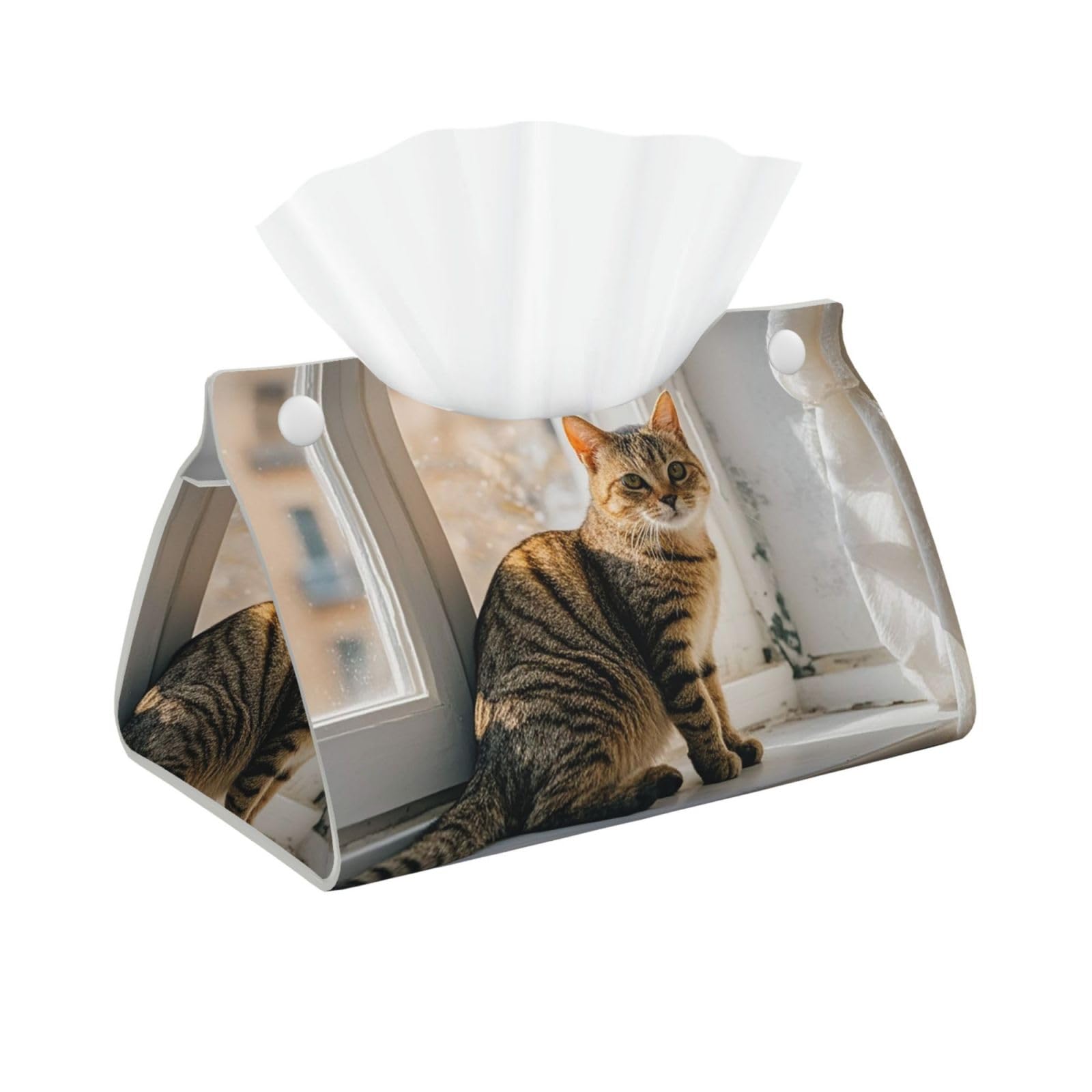 Pu Leather Tissue Box Cover Modern Waterproof Tissue Box Holder Cat Sitting On Windowsill Rectangle Tissue Cover Decorative Tissue Box Organizer for Car Bathroom Bedroom Desk Tabletop Decor
