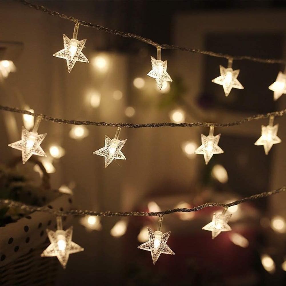 twinkle star 2-pack 100 led star string lights, plug in fairy string lights waterproof, extendable for indoor, outdoor, wedding party, christmas tree, new year, garden decoration, warm white