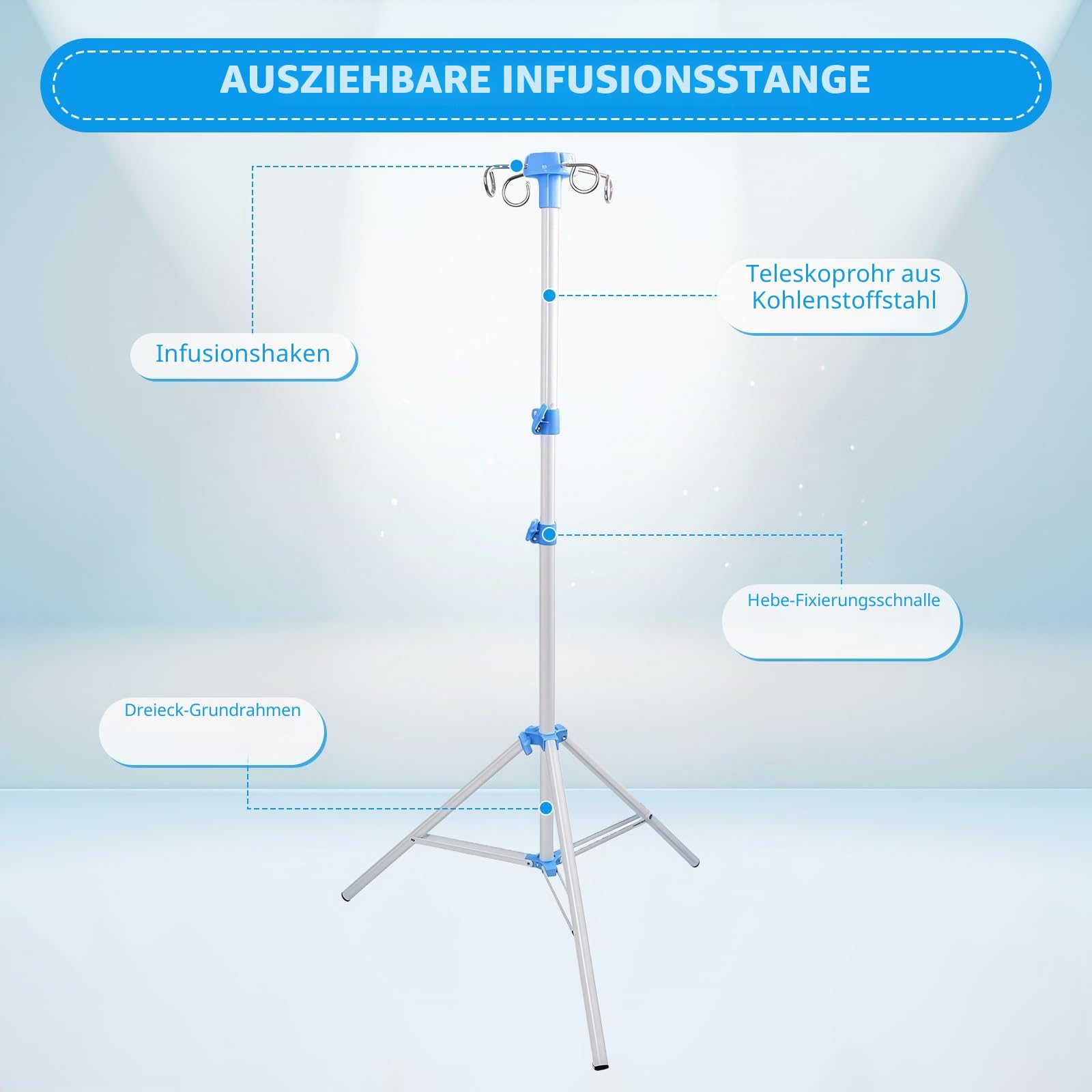 Klappbar Infusionsständer mit 4 Haken und 3 Netzbeuteln IV Ständer Höhenverstellbar von 70-210 cm Tragbarer Aluminiumlegierung Infusion Halterung für Zuhause Pflegeheime Klinikum, Weiß