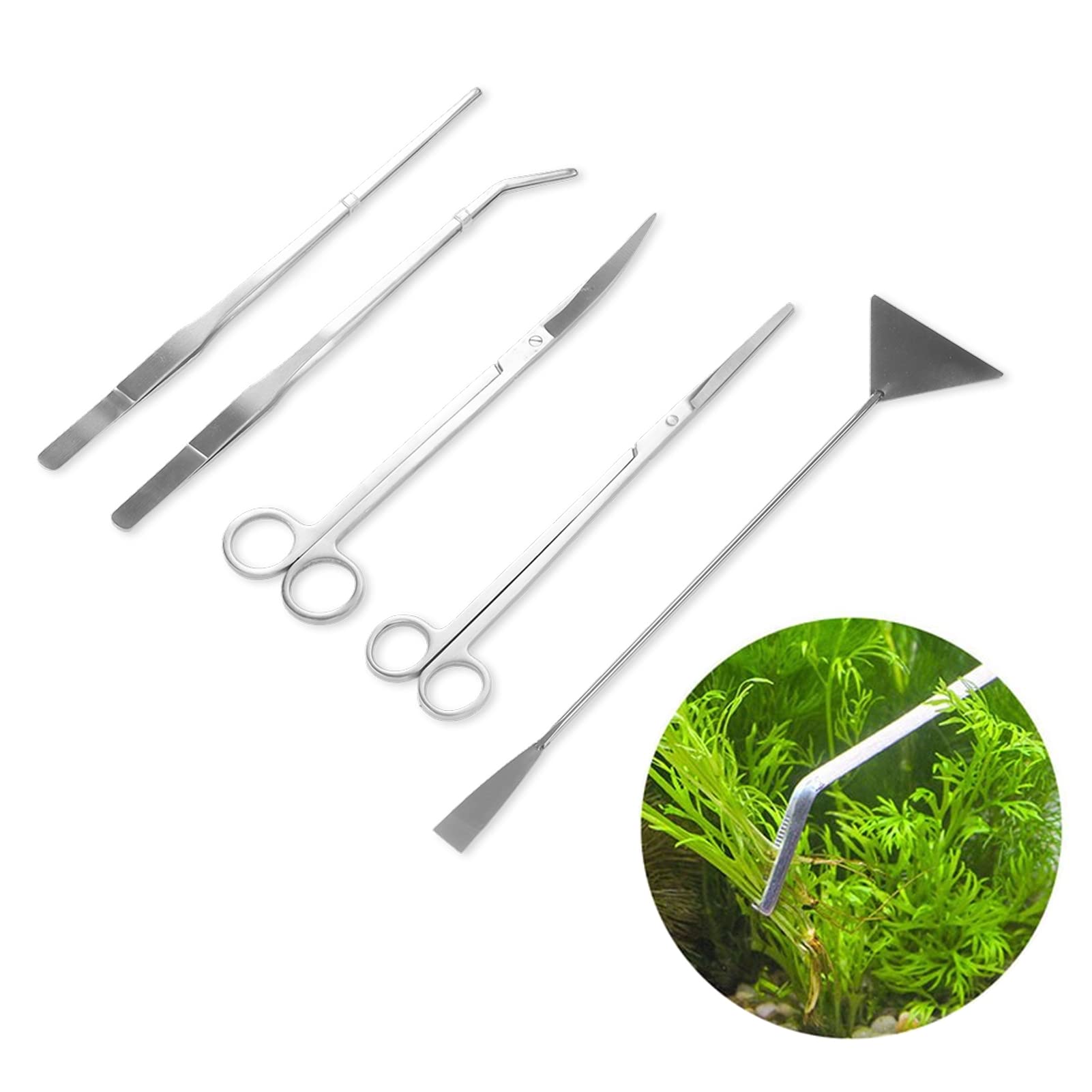 Gavigain 5 in 1 Aquarium Tool Kit, Stainless Steel Aquascaping Scissors, Tweezers, Sand Shovel, Ergonomic Grip, Rusts, for rs and Aquarium Enthusiasts