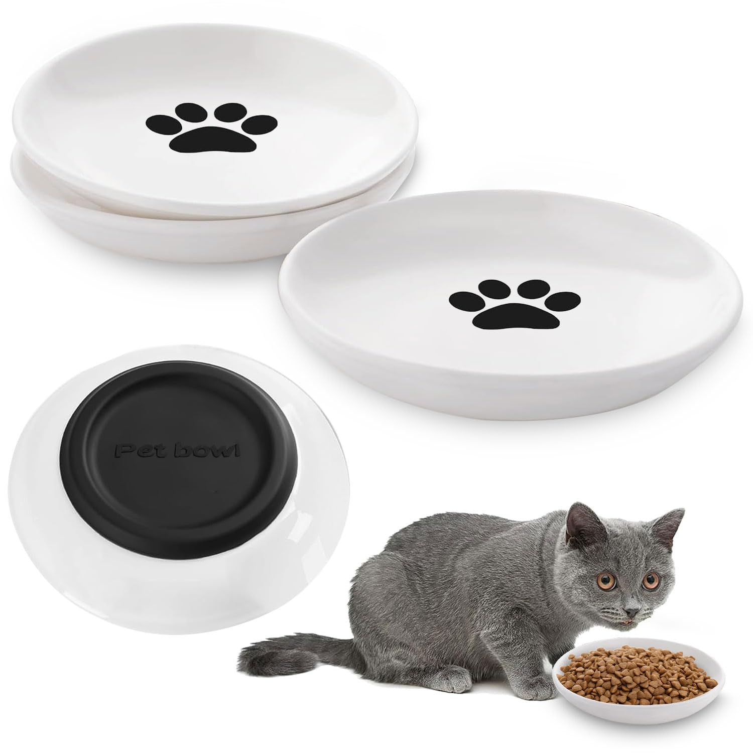 Comedero para gatos de cerámica, 3 unidades, cuenco plano para gatos de cerámica con base de silicona antideslizante, cuencos de cerámica para gatos, platos anchos y planos para gatos, cuencos para