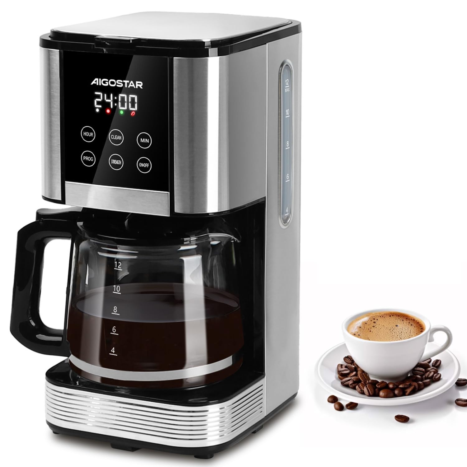 Aigostar Cafetera de Goteo 12 Tazas 1.5L - Programable 24H, Función Café Fuerte y Rápida, Pantalla LCD, Mantenimiento Caliente, Autolimpieza, Filtro Reusable, 1000W, Acero inoxidable, Sin BPA, Negro