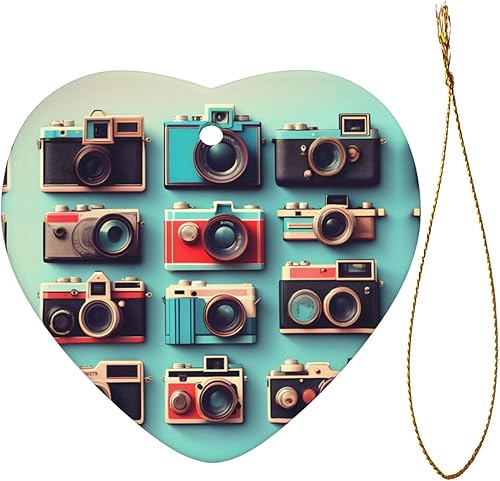 Miniatura 2 de Retro Cool Camera Collection Print Christmas Tree Ceramic Heart Shape Hanging Ornament, Christmas HomeMall Decor