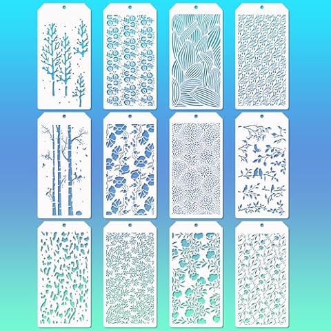 Mixed Media Art Stencils, 12 Pcs Stencils Flowers Trees Leaves Stencils for Airbrush Painting Card Making Art journaling Supplies, Layering Stencils for DIY Crafts Furniture Paper Cover