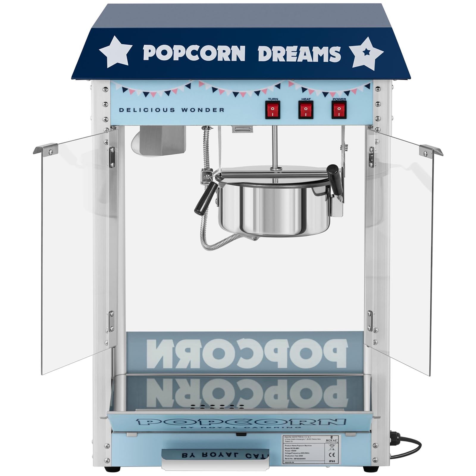 Royal Catering Macchina Per Pop Corn Professionale (1.500 W, Da 5 kg/h, Blu) Macchina Retro Pop-Corn