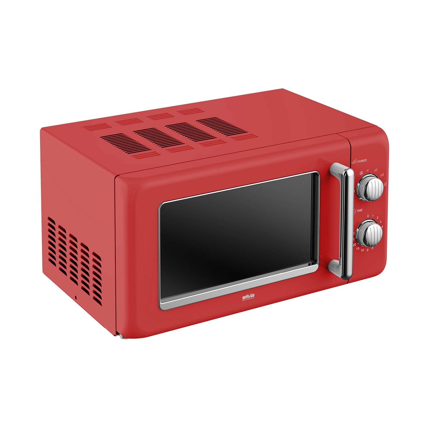 Silva Schneider MW-R 25.3 - Micro-ondes rétro - 20 l - 700 W - 6 niveaux de puissance - Minuterie - Boutons et poignée chromés - Signal de fin de course - Couleur rouge