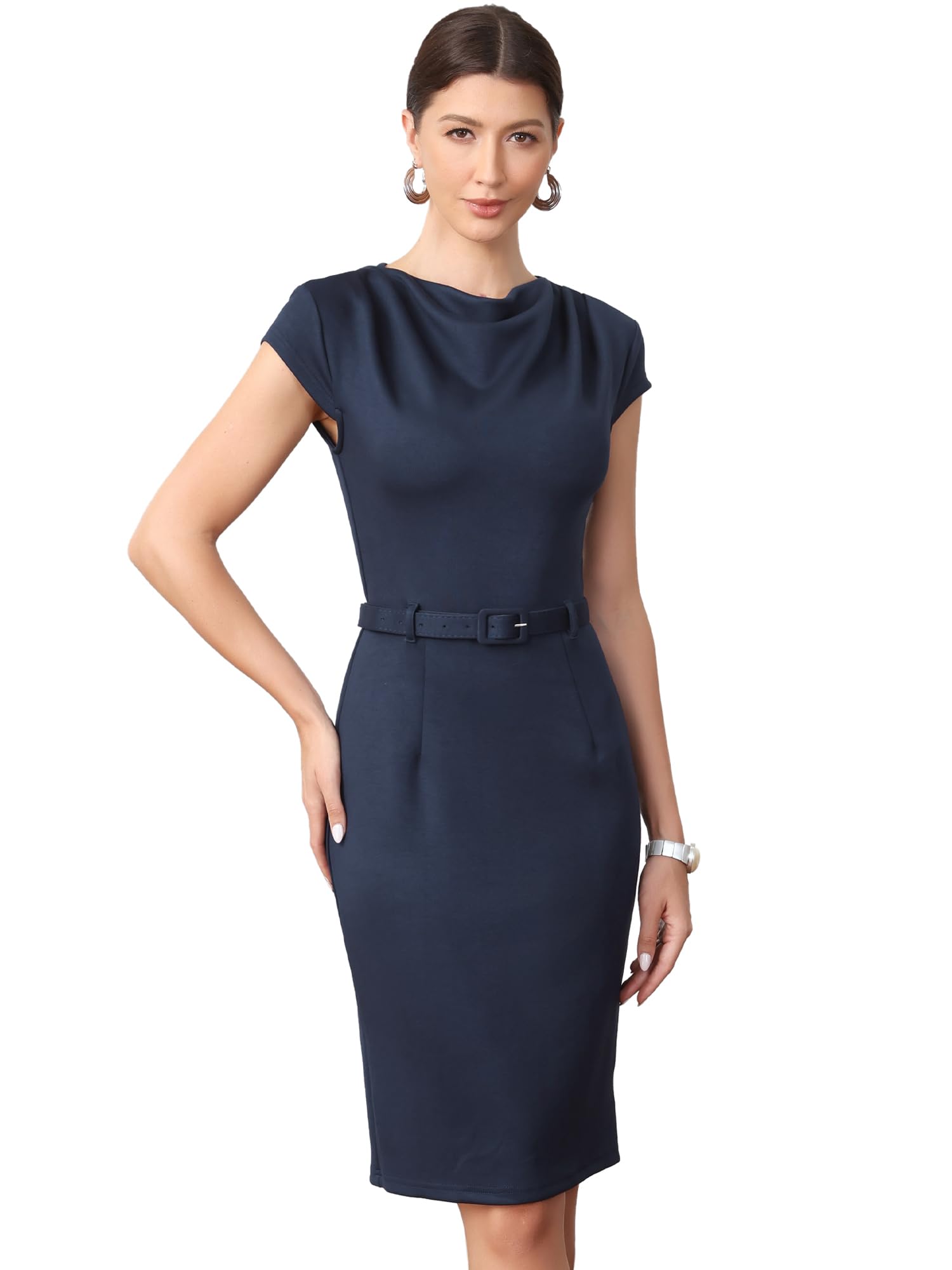 Allegra K Robe Femme Col Bénitier Coupe Ajustée Manches Courtes