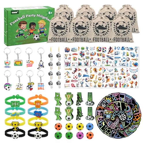 FEMBW Fussball Mitgebsel Jungen 110 Stück Kindergeburtstag Gastgeschenke Fußball Party Deko Mitgebsel Kinder mit Jutebeutel mit Kordelzug Trillerpfeife Armband Schlüsselanhänger Lesezeichen