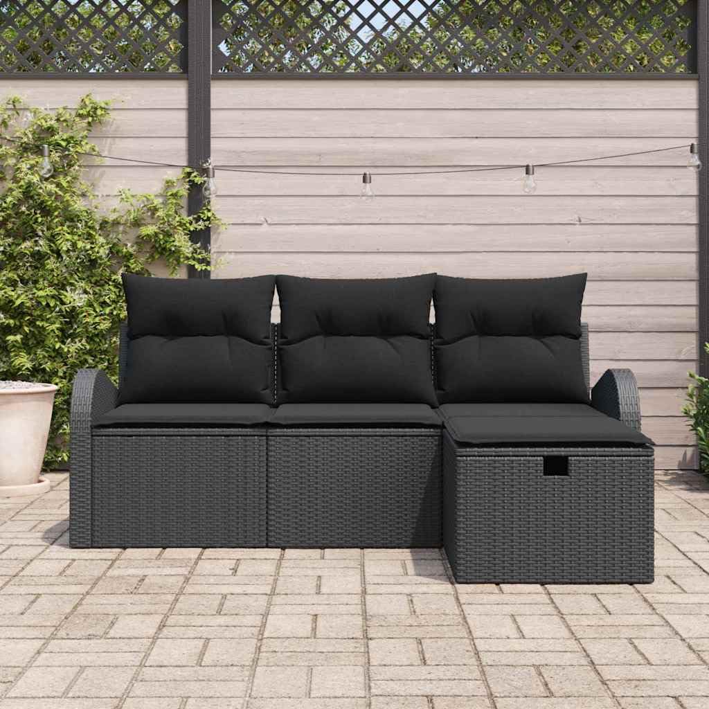 Ensemble Salon de Jardin Modulaire 4 Pièces Noir en Polyrotin Résistant avec Coussins et Rangement, Canapé d'angle Confortable pour Terrasse, Balcon, Extérieur