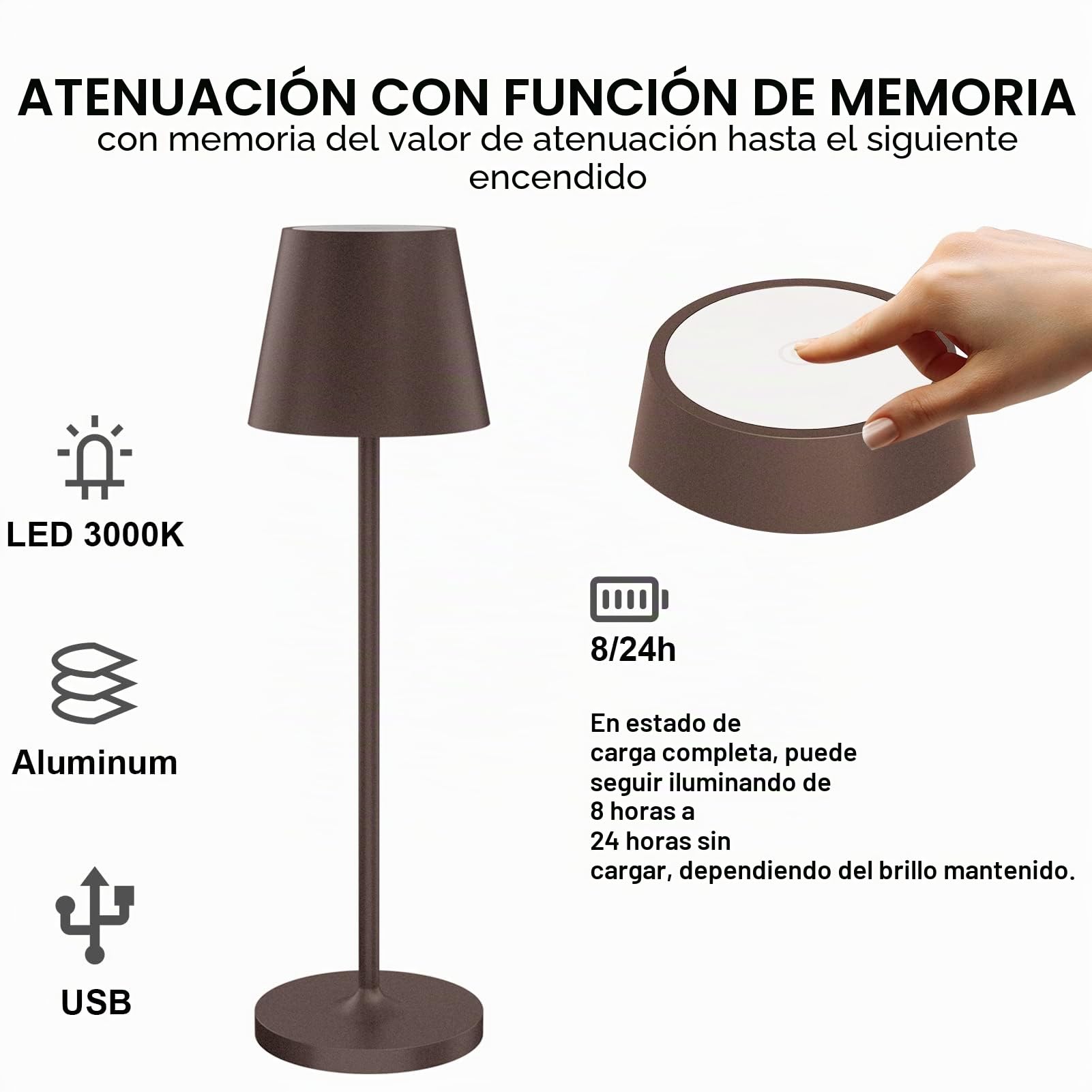 Klighten 2 Piezas LED Lámpara de mesa Regulable Recargable, Lámpara de escritorio de Carga USB, Color óxido, 3000K de luz cálida, Aluminio, Imperméable IP54, para Interiores y Exteriores