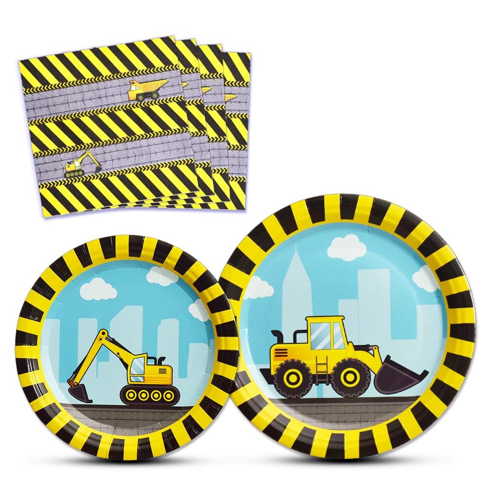 WERNNSAI Construction Party Supplies - Disposable Dump Truck Themed Tableware Set for Boys Kids Birthday Dinner Dessert Plates and Napkins Serves 16