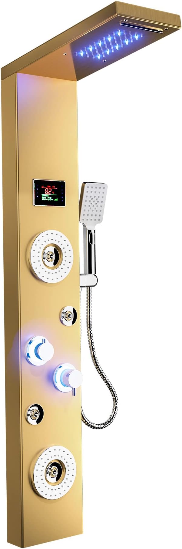 ELLO&ALLO LED Rainfall Waterfall Shower Head Rain Massage System with Body Jets Stainless Steel Bathroom Shower Panel Tower System, Brushed Gold