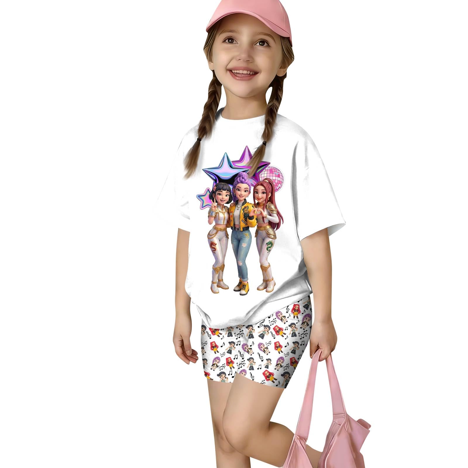 Girls 2 Piece Outfits Cute Singer Cartoon Graphic Short Sleeve Shirts and Shorts Fashion Sets Valentines Day Outfit