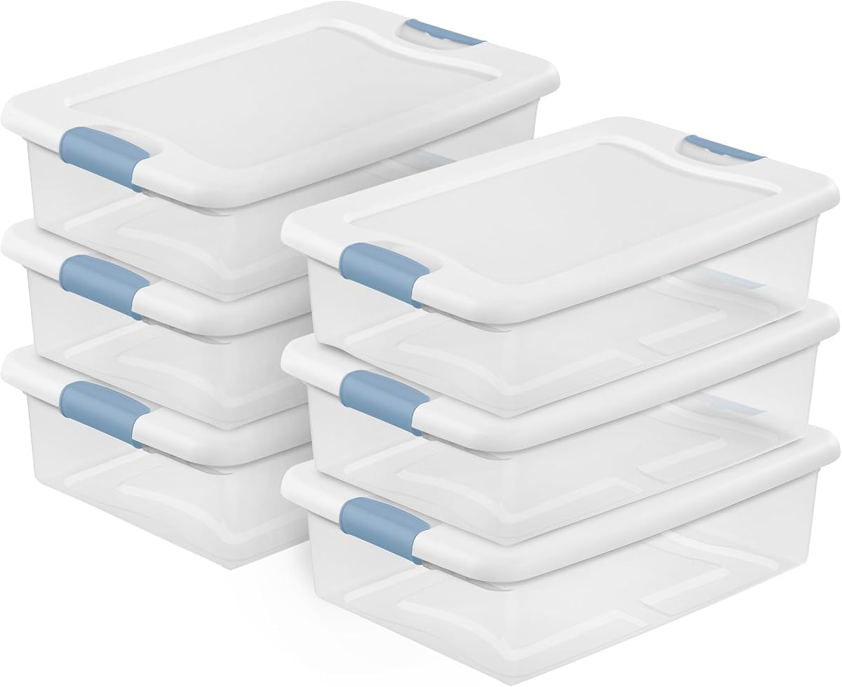 Caja con cierre Sterilite con tapas para el hogar y la oficina, 32 cuartos, paquete de 6 | Contenedores de plástico apilables y resistentes con pestillos para organización de armarios, gabinetes, dormitorios, baños y dormitorios