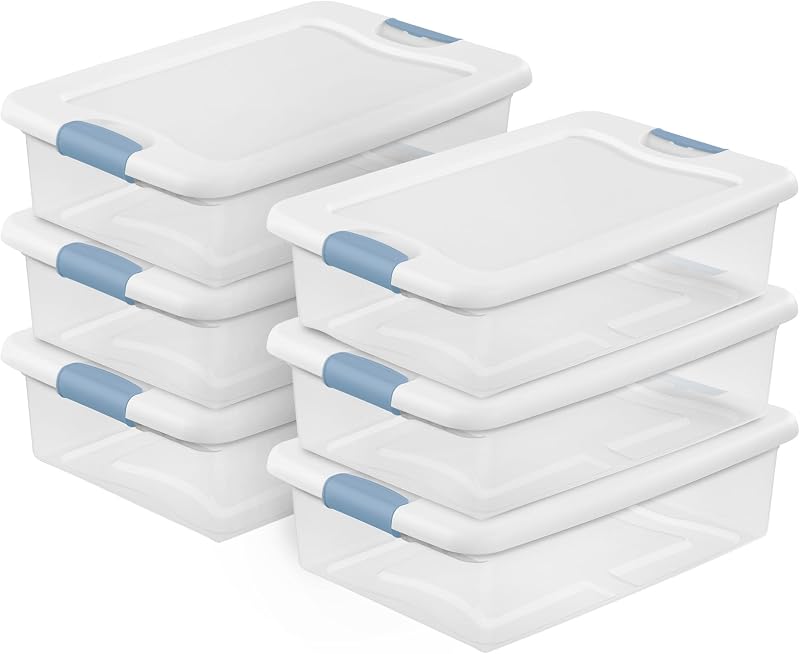 Caja con cierre Sterilite con tapas para el hogar y la oficina, 32 cuartos, paquete de 6 | Contenedores de plástico apilables y resistentes con pestillos para organización de armarios, gabinetes, dormitorios, baños y dormitorios